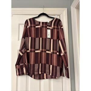 NWT Liz Claiborne Burgundy Plaid Stretch Round Neck Blouse size Large $49